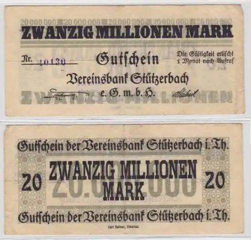 20 Millionen Mark Banknote Inflation Vereinsbank Stützerbach 1923 (142983)