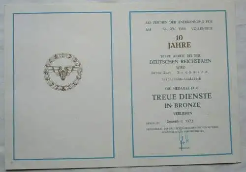 DDR Urkunde 10 Jahre Treue Dienste Bronze Deutsche Reichsbahn Berlin (135302)