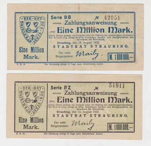 2x 1 Million Mark Banknote Inflation Notgeld Stadtrat Straubing 1923 (137252)
