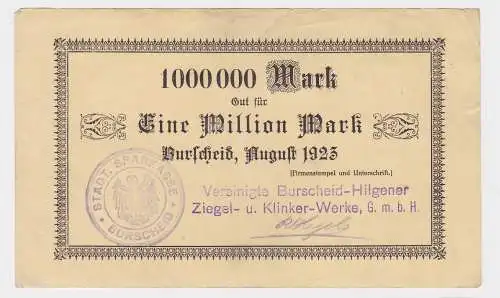 1 Million Mark Banknote Burscheid Hilgener Ziegel & Klinkerwerke 1923 (122602)