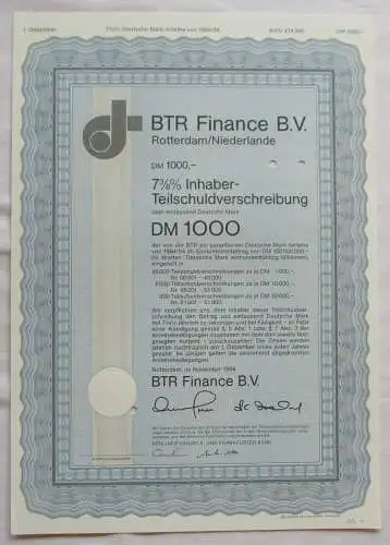 1.000 DM Aktie BTR Finance B.V. Rotterdam Niederlande November 1984 (143984)