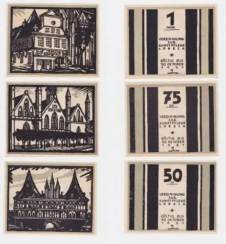 3 Banknoten Notgeld Lübeck Vereinigung zur Kunstpflege o.D. (1922) (122329)