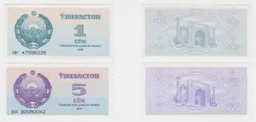 1 und 5 Sum Banknoten Usbekistan Uzbekistan 1992 kassenfrisch (138023)