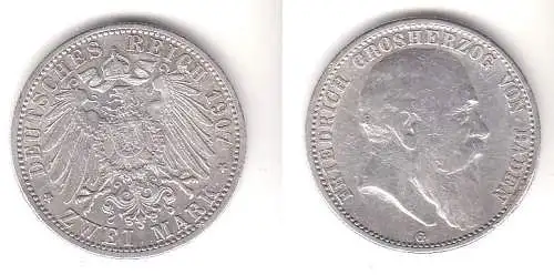2 Mark Silbermünze Baden Großherzog Friedrich 1907 Jäger 32  (112027)