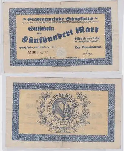 500 Mark Banknote Stadtgemeinde Schopfheim 12.10.1922 (126247)