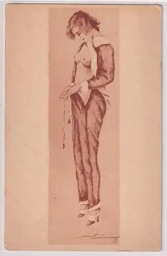 12260 Künstler Erotik AK "Der blaue Pyjama" Max Brüning, Dame zieht sich an