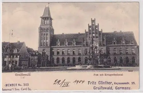 63377 AK Greifswald - Post mit Kriegerdenkmal 1904