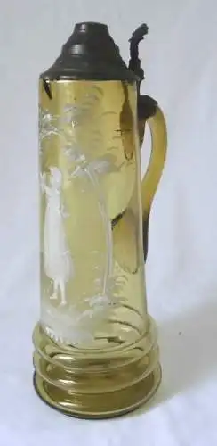 dekorativer großer Glaskrug Krug handbemalt Glasurmalerei mit Zinndeckel um 1900
