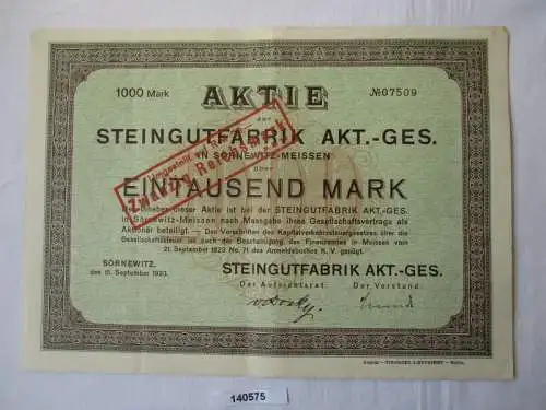 1000 Mark Aktie Steingutfabrik AG Sörnewitz 15. September 1923 (140575)