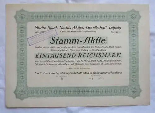 1.000 RM Aktie Moritz Blank Nachf. AG Leipzig 19.02.1925 (146936)