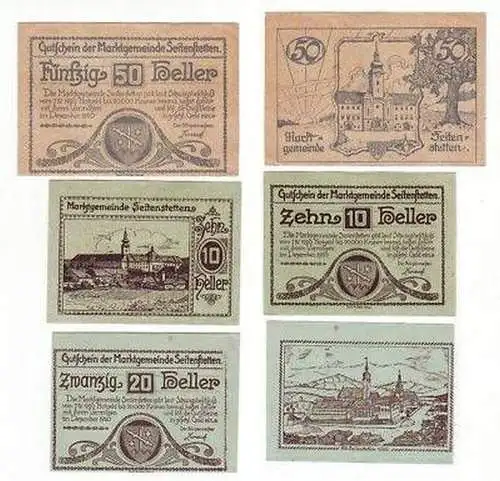 3 Banknoten Notgeld Marktgemeinde Seitenstetten 1920