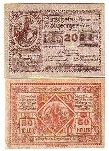 2 Banknoten Notgeld Gemeinde St. Georgen a. Ybbs 1920
