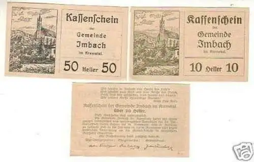 3 Banknoten Notgeld Gemeinde Imbach im Kremstal 1920