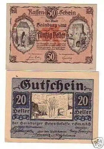 2 Banknoten Notgeld Stadtgemeinde Hainburg 1920
