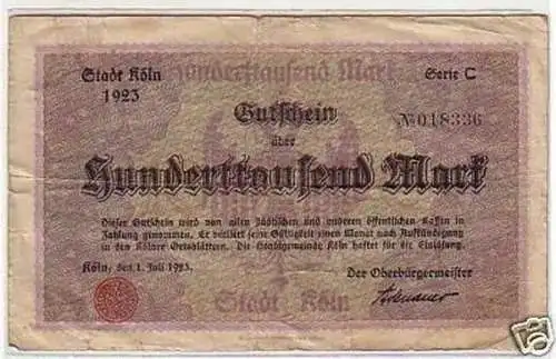 Banknote 100000 Mark Inflation Stadt Köln 1923