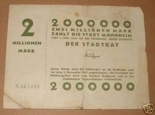 rare Banknote Inflation 2 Millionen Mannheim 1923