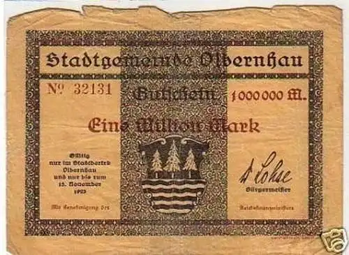 Inflation Banknote 1 Million Mark Olbernhau 1923