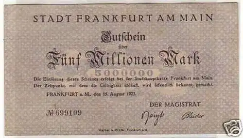 Banknote Inflation 5 Mill Mark Stadt Frankfurt a.M 1923