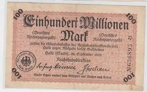 Banknote Inflation 100 Millionen Mark Halle a.d.S. 1923