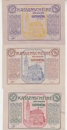 3 Banknoten Notgeld Gemeinde Giesshübl bei Wien 1920
