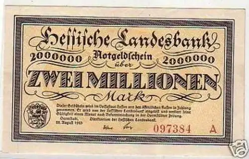 2 Millionen Mark Banknote Inflation Darmstadt 22.8.1923