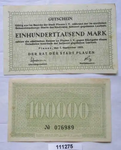 100000 Mark Banknote Inflation Stadt Plauen 7.9.1923 (111275)