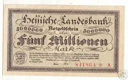 Banknote Inflation 5 Millionen Darmstadt 22.08.1923