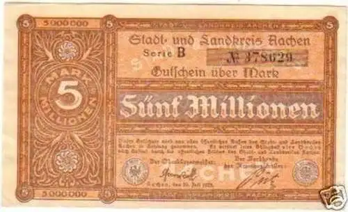 Banknote Inflation 5 Millionen Mark Stadt Aachen 1923