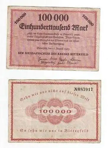 Banknote Inflation 100000 Mark Bitterfeld 1923