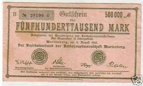 Inflation Banknote 500000 Mark Marienberg 1923