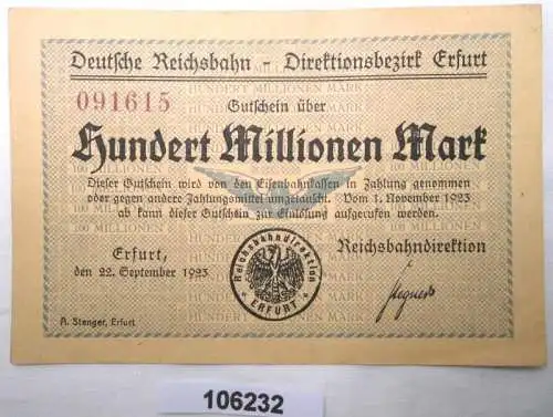 100 Millionen Mark Banknote Deutsche Reichsbahn Erfurt 22. September 1923