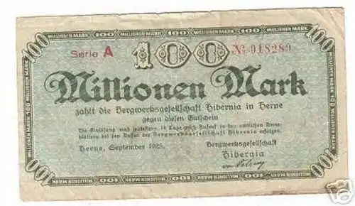 Banknote Inflation 100 Millionen Mark Herne 1923