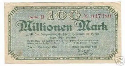 Banknote Inflation 100 Millionen Mark Herne 1923