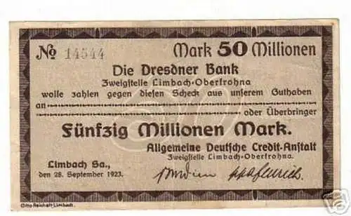 seltene Banknote 50 Millionen Mark Limbach in Sa. 1923