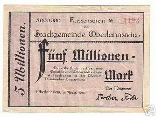 seltene Banknote Inflation 5 Millionen Oberlahnstein