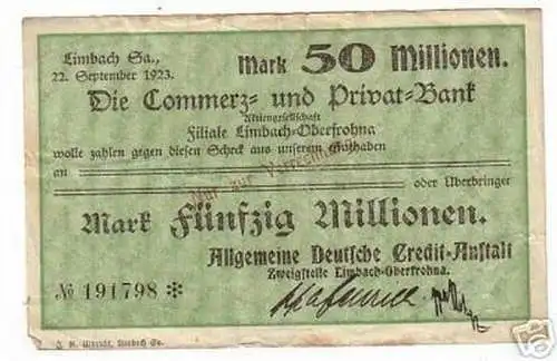 seltene Banknote 50 Millionen Mark Limbach in Sa. 1923