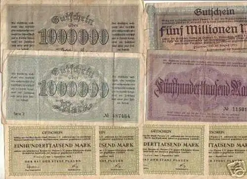 8 interessante Banknoten Inflation Stadt Plauen 1923