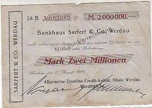 seltene Banknote Inflation Sarfert & Co. Werdau 1923