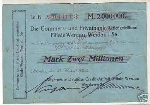 seltene Banknote Inflation 2 Millionen Mark 1923 Werdau