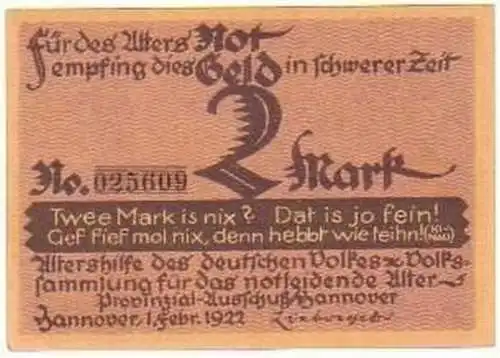 seltene 2 Mark Banknote Altershilfe Hannover 1922