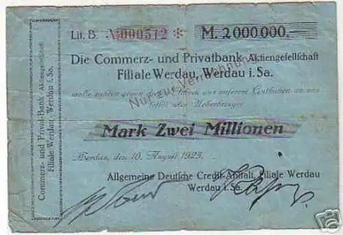 seltene Banknote Inflation 2 Millionen Mark 1923 Werdau
