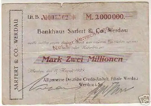 seltene Banknote Inflation Sarfert & Co. Werdau 1923