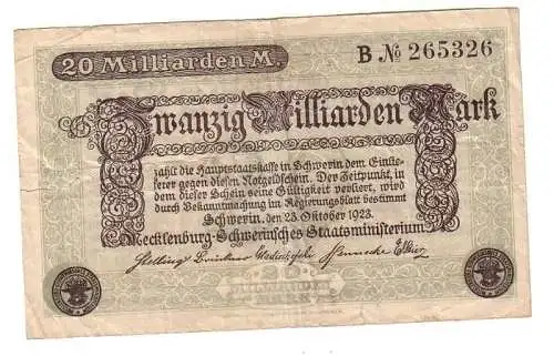 20 Milliarden Mark Inflations Banknote Mecklenburg Schwerin 23. Oktober 1923
