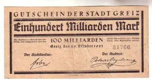 100 Milliarden Mark Inflations Banknote Stadt Greiz 29. Oktober 1923