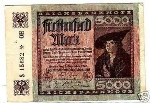 5000 Mark Banknote Inflation 2.12.1922 Ro. Nr. 80b