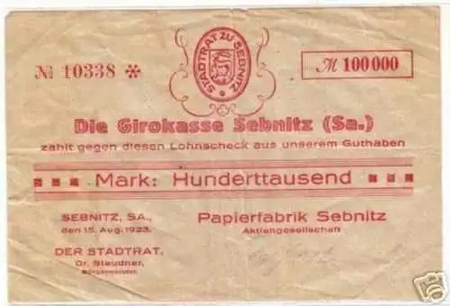 seltene Banknote Inflation Papierfabrik Sebnitz 1923