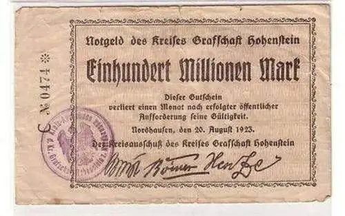 Banknote 100 Millionen Mark Kreis Grafschaft Hohenstein Nordhausen 20.08.1923