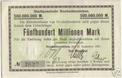 rare Banknote Inflation Neuhaldensleben 500 Mill. 1923