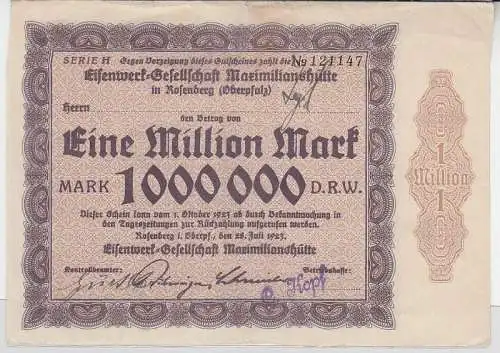 1 Million Mark Banknote Inflation Eisenwerk in Rosenberg (Oberpfalz) 1923