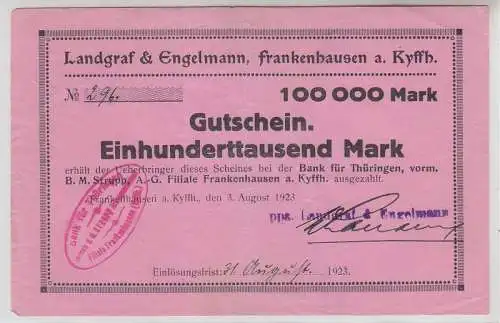 100000 Mark Banknote Inflation Landgraf & Engelmann Frankenhausen a. Kyffh. 1923